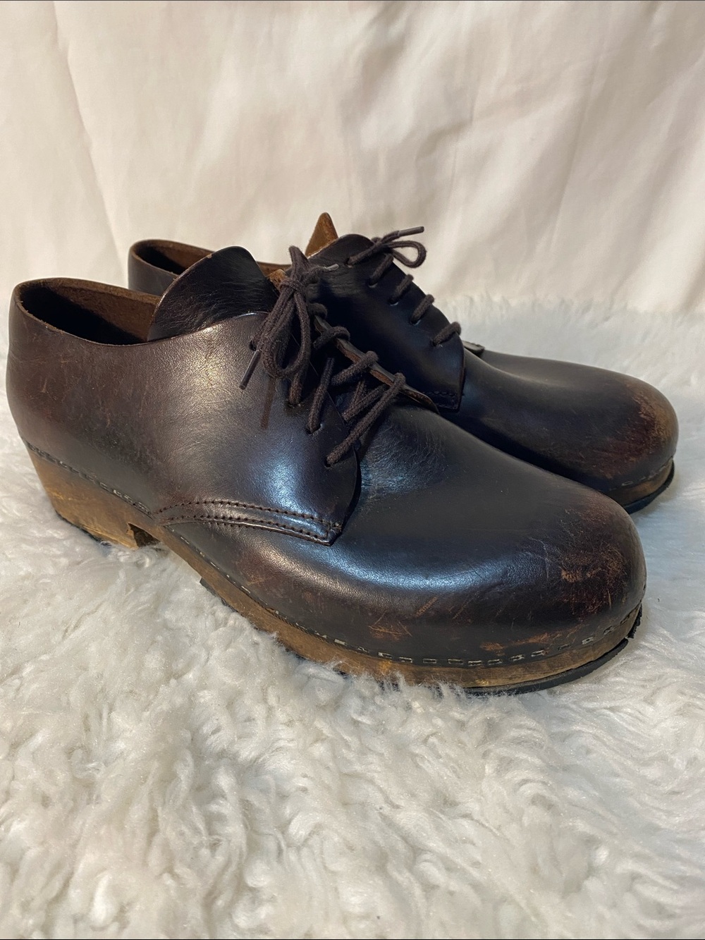 Vintage Free Lance Dark Brown Leather Lace-Up Wooden Sole Clog Shoes